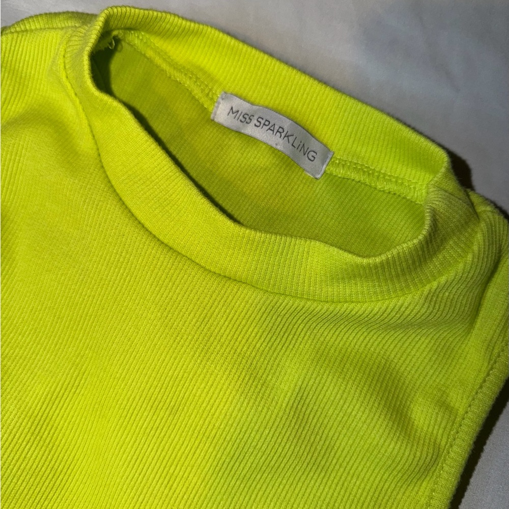 Miss Sparkling Neon Green Ribbed Crop Tank Tie Back Y2K Top Small - Picture 3 of 6